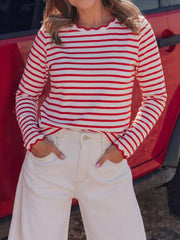 Women's Scallop Trim Striped Long Sleeve Top