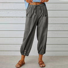 Women's pants High-waisted buttoned cotton hemp pants nine-point pants wide-legged