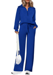 Women's Cotton Two-Piece Outfits Lapel Half-Zip Sweatshirt Wide Leg Sweatpants Casual Suit