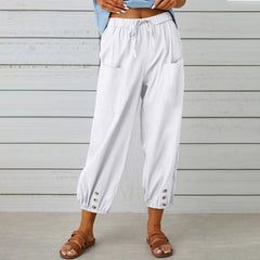 Women's pants High-waisted buttoned cotton hemp pants nine-point pants wide-legged