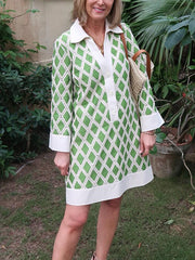 NEW🔥 Diamond Plaid Lace Cutout V Neck Shirt Dress