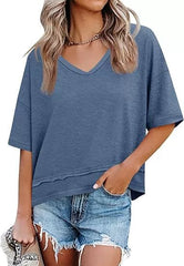 Women's V-neck Mid-length Sleeve Spliced Hem Basic Top