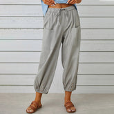 Women's pants High-waisted buttoned cotton hemp pants nine-point pants wide-legged