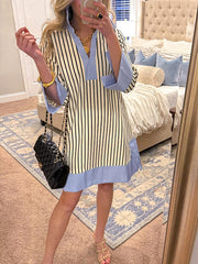 CLEARANCE🔥 Striped Split V Neck Collared Shirt Dress