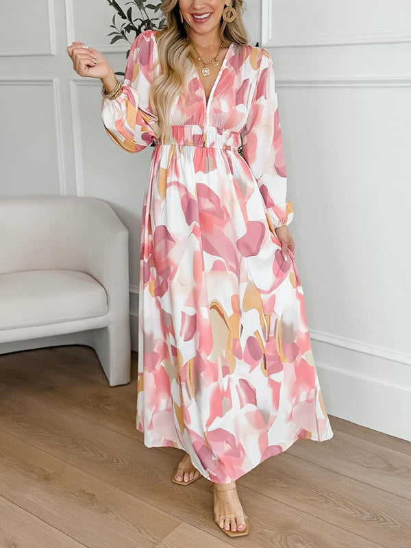 NEW🔥 Long Sleeve Printed Elastic Waist Dress