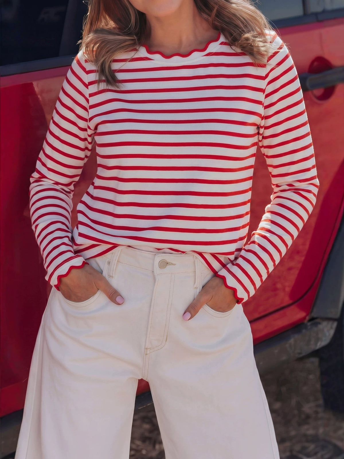 Women's Scallop Trim Striped Long Sleeve Top