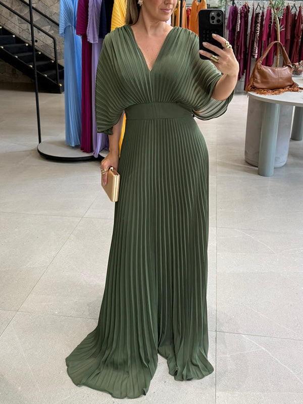 NEW🔥 V Neck Chiffon Back Tie Zipper Bat Sleeve Dress- Tax Free