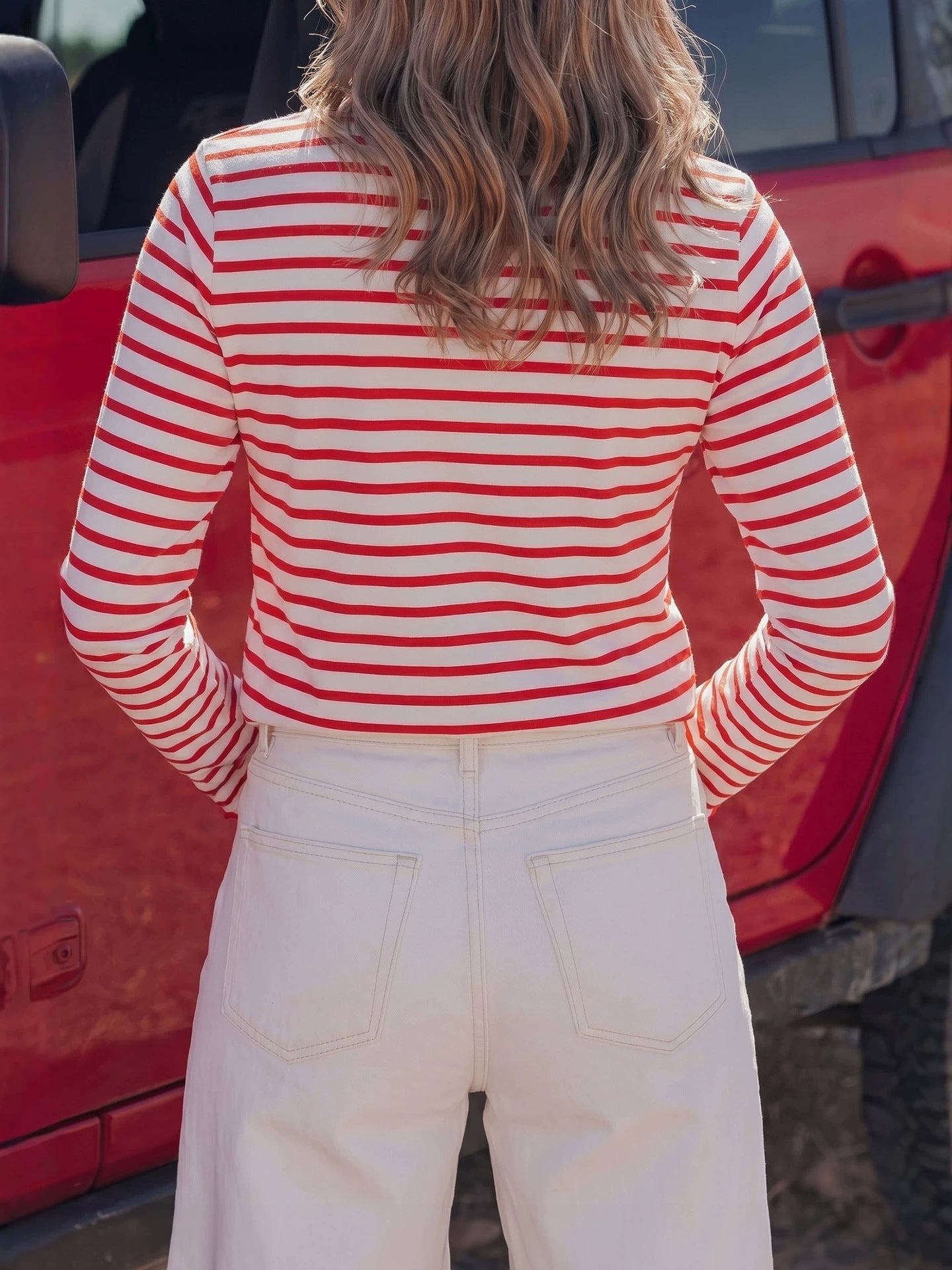 Women's Scallop Trim Striped Long Sleeve Top