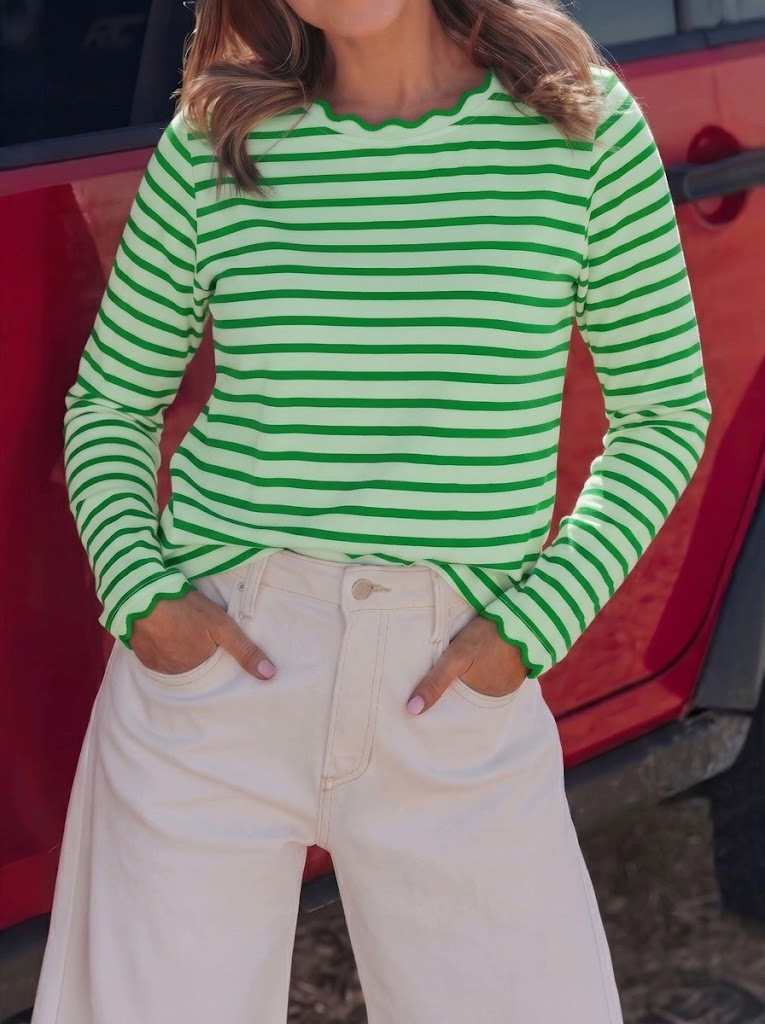 Women's Scallop Trim Striped Long Sleeve Top