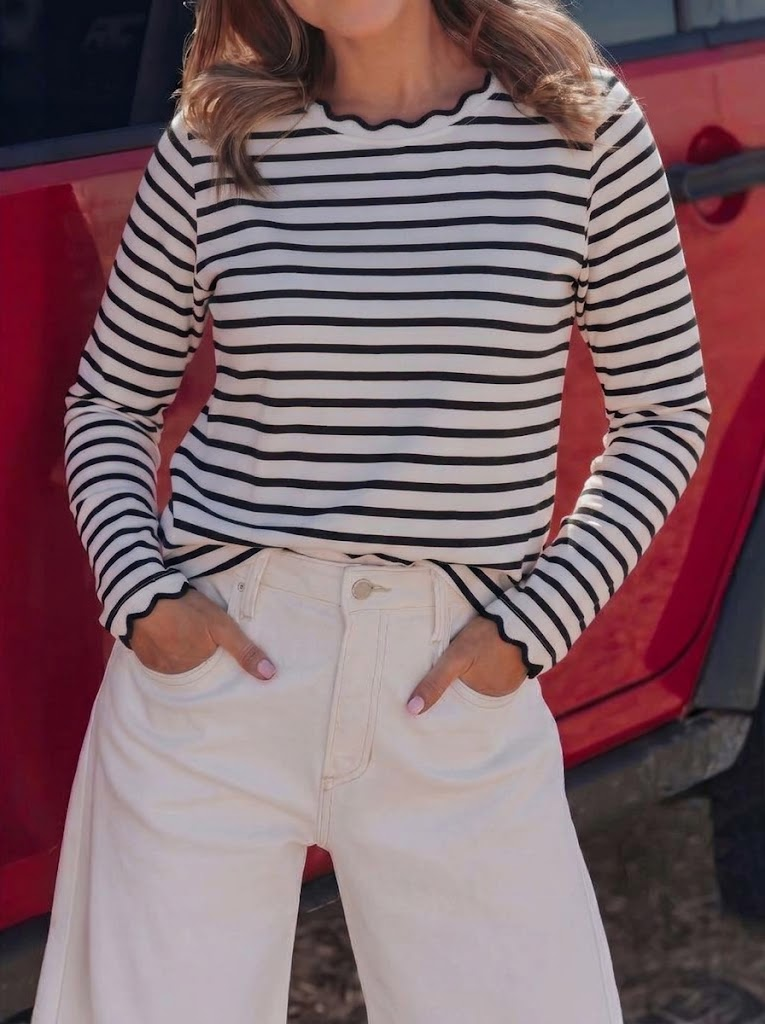 Women's Scallop Trim Striped Long Sleeve Top