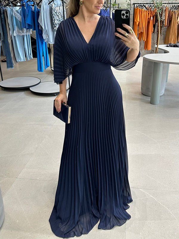 NEW🔥 V Neck Chiffon Back Tie Zipper Bat Sleeve Dress- Tax Free