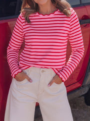 Women's Scallop Trim Striped Long Sleeve Top