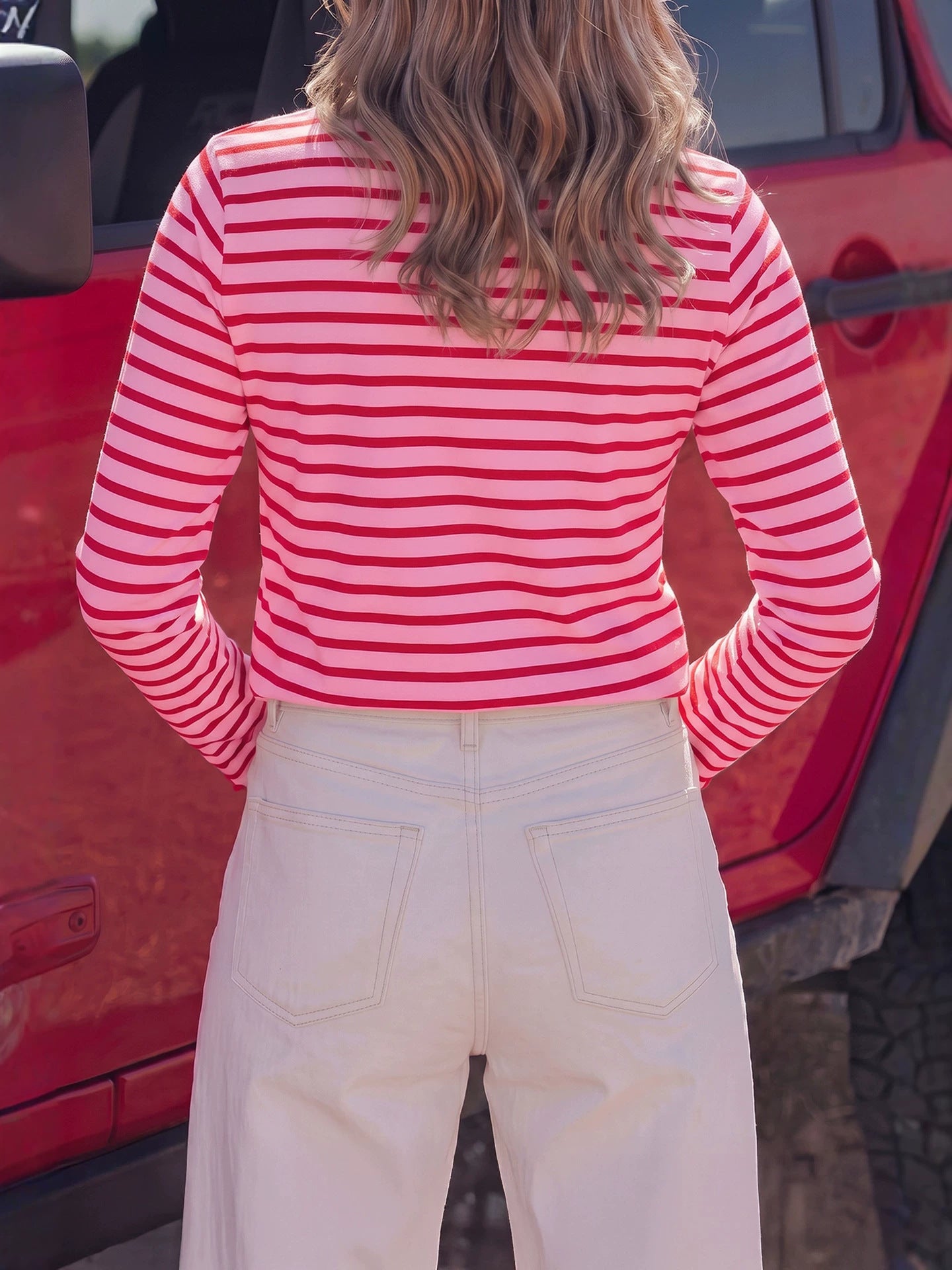 Women's Scallop Trim Striped Long Sleeve Top