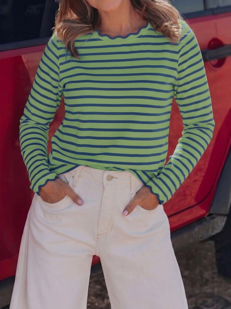 Women's Scallop Trim Striped Long Sleeve Top