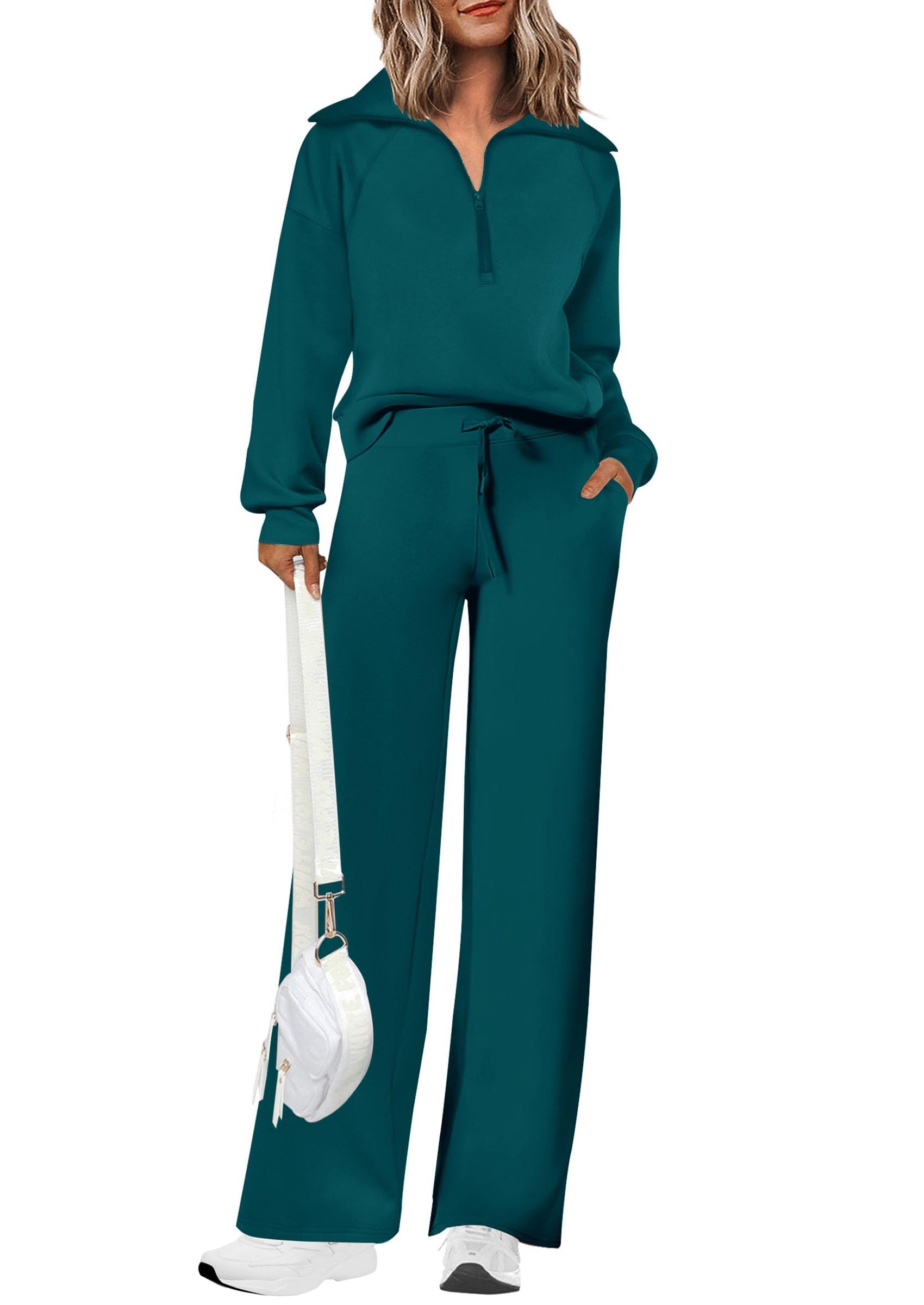 Women's Cotton Two-Piece Outfits Lapel Half-Zip Sweatshirt Wide Leg Sweatpants Casual Suit