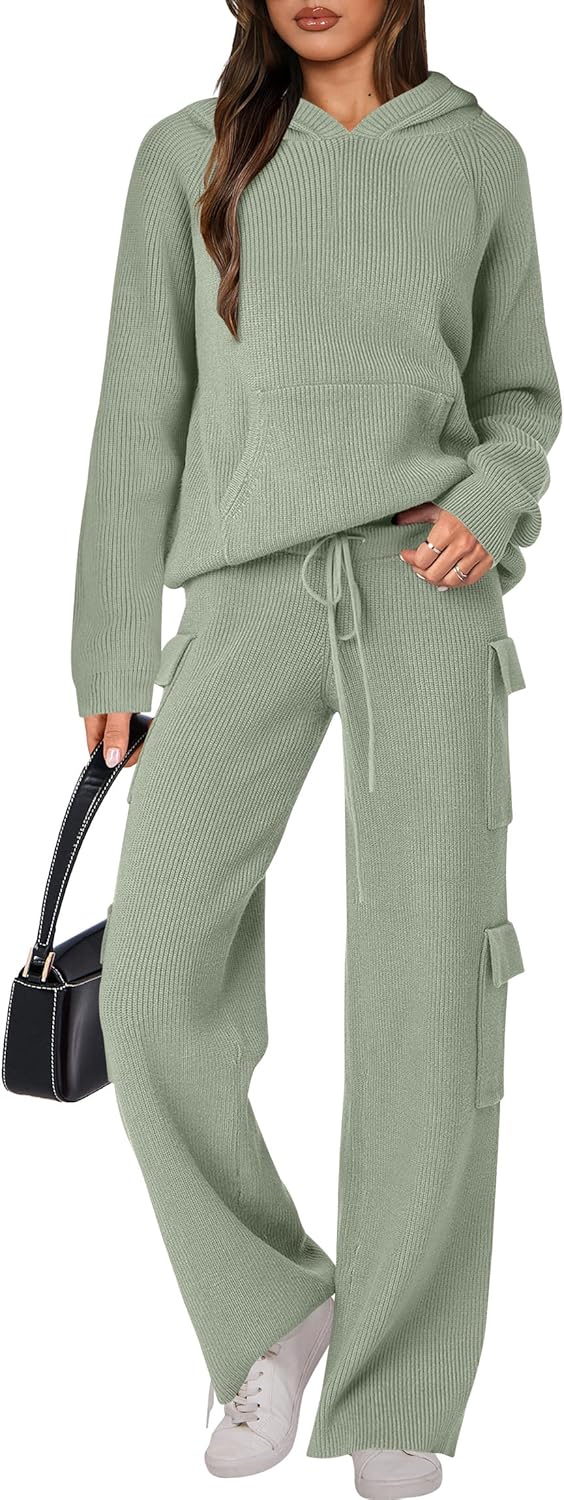 🎄Christmas Clearance 🔥 Women’s Two Piece Outfits Casual Knit Hooded Sweater Straight Leg Pants Set