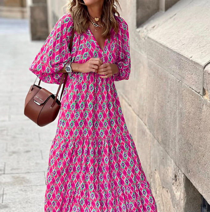 Puffy Sleeve Floral Pattern Elegant Boho Dress