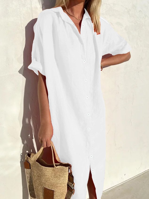 Women Elegant Casual Loose Half Sleeve Button Down Front Half Sleeve Cotton Linen Dress