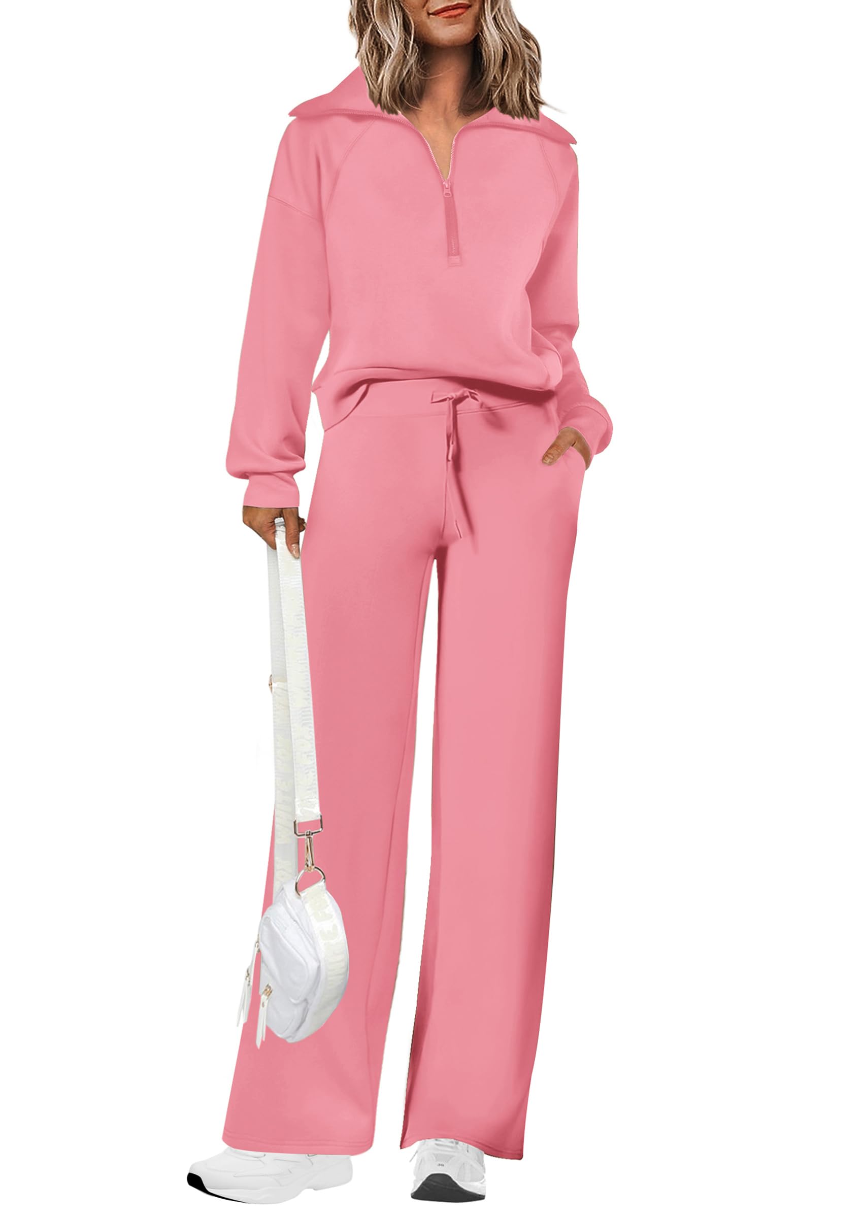 Women's Cotton Two-Piece Outfits Lapel Half-Zip Sweatshirt Wide Leg Sweatpants Casual Suit