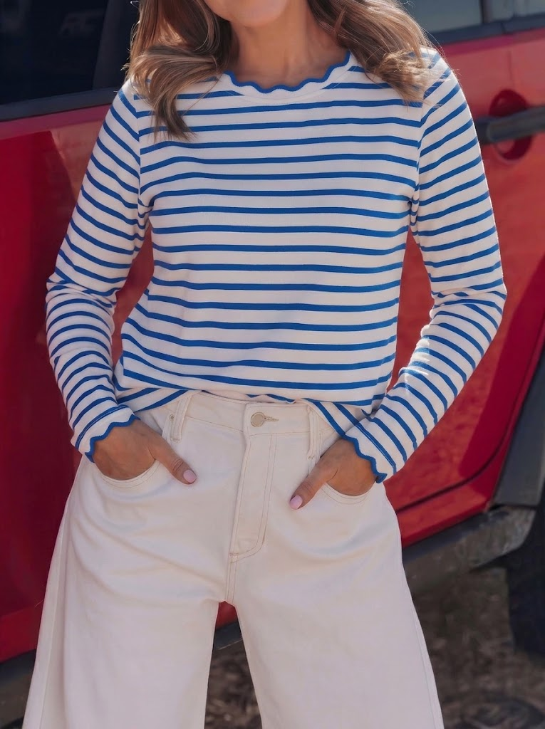 Women's Scallop Trim Striped Long Sleeve Top